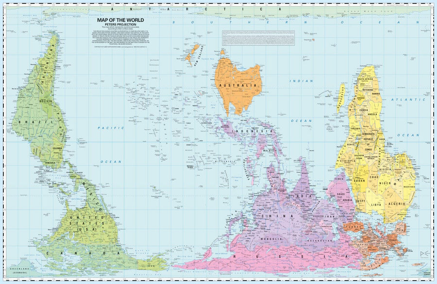 Carte murale (en anglais) - Le Monde politique, centré sur le Pacifique, upside down - Projection de Gall-Peters (107 x 70 cm) | Huber carte murale petit tube Huber 