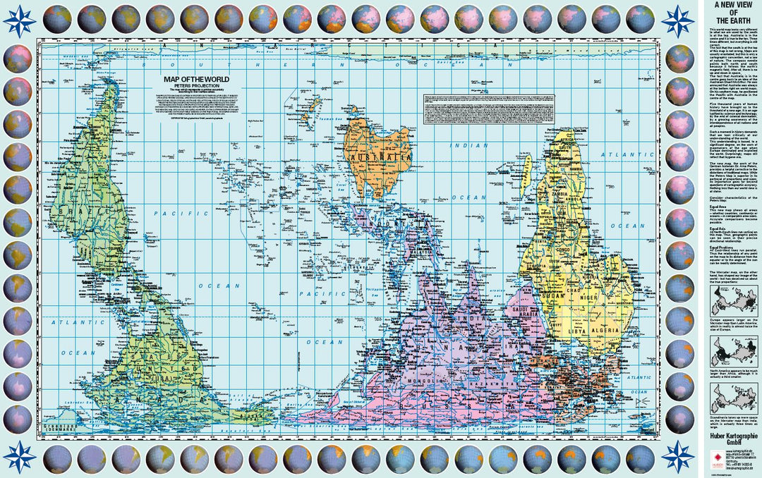 Carte murale (en anglais) - Le Monde politique, centré sur le Pacifique, upside down - Projection de Gall-Peters (82 x 52 cm) | Huber carte murale petit tube Huber 