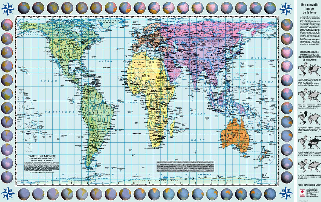 Carte murale (en français) - Le Monde politique, Projection de Gall-Peters (82 x 52 cm) | Huber carte murale petit tube Huber 