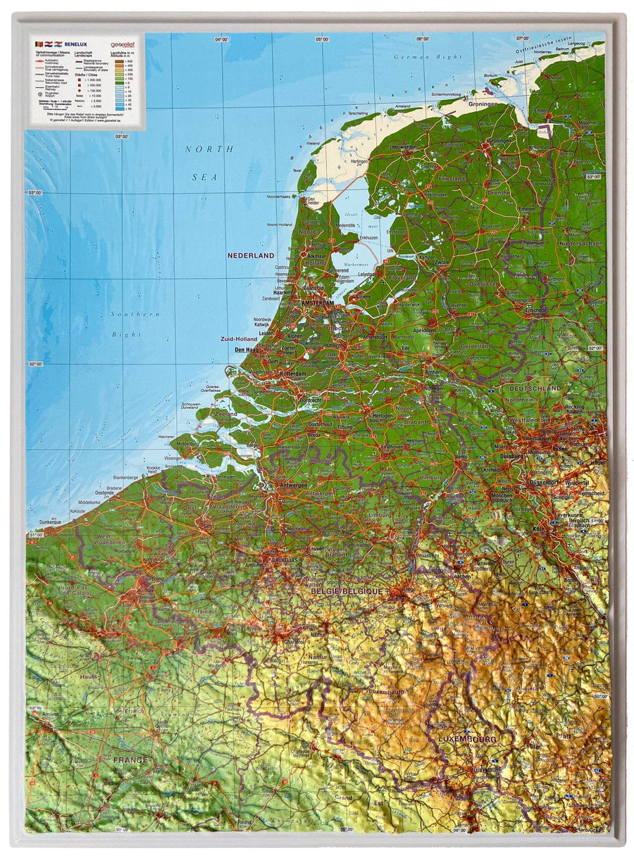 Carte murale en relief - Benelux (en anglais) - 39 x 29 cm | Georelief carte relief petit format Georelief 