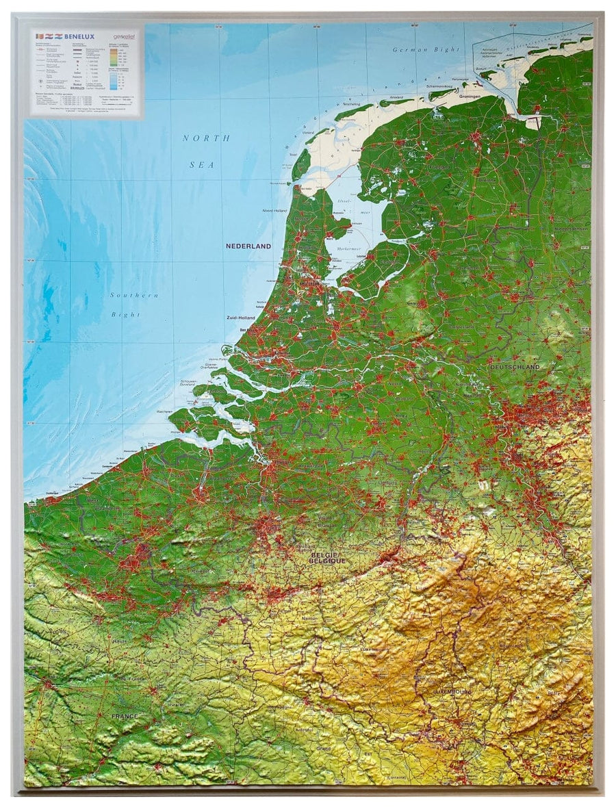 Carte murale en relief - Benelux (en anglais), avec cadre aluminium - 77 x 57 cm | Georelief carte relief Georelief 