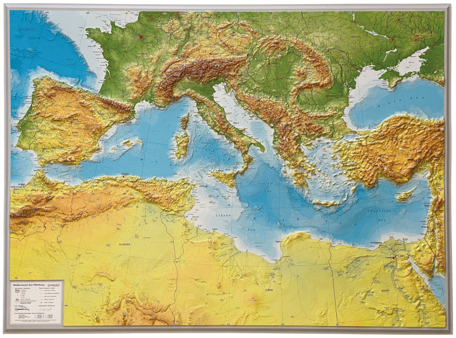 Carte murale en relief - Mer Méditerranée (en anglais) - 77 x 57 cm | Georelief carte relief Georelief Sans cadre 