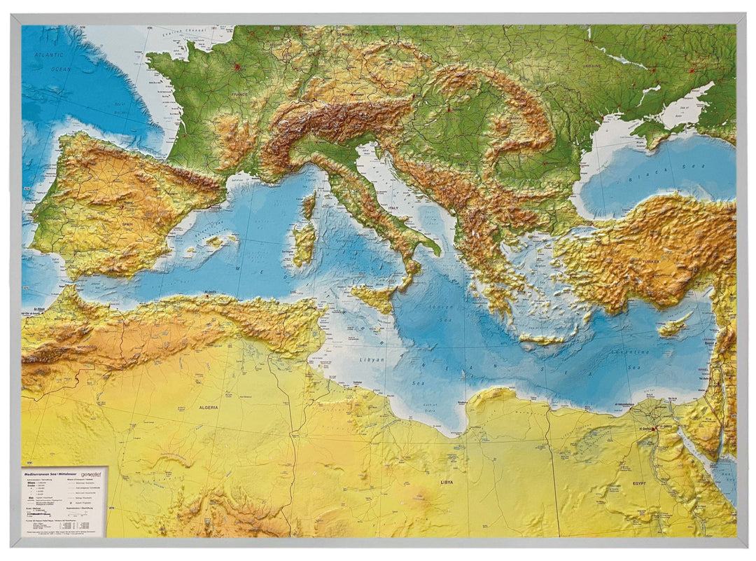 Carte murale en relief - Mer Méditerranée (en anglais) - 77 x 57 cm | Georelief carte relief Georelief Avec cadre aluminium 