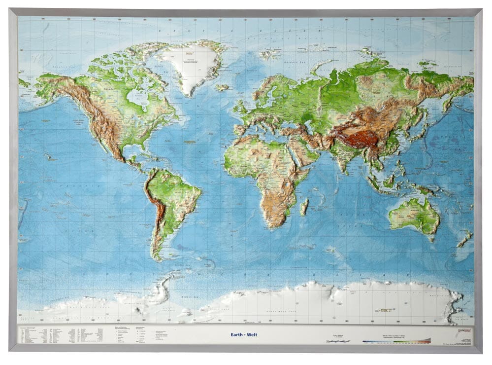 Carte murale en relief - Monde (en anglais) - 77 x 57 cm | Georelief carte relief Georelief Avec cadre alu 