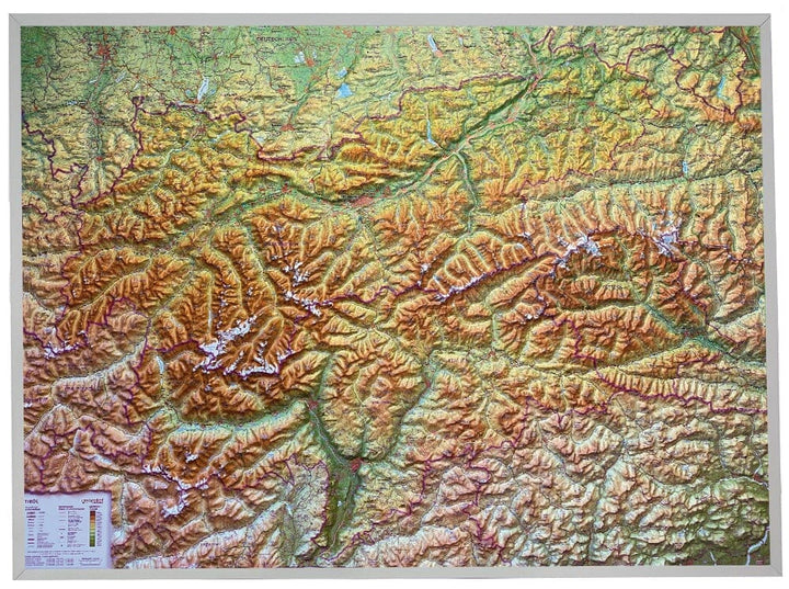 Carte murale en relief - Tyrol (en anglais), avec cadre aluminium - 77 x 57 cm | Georelief carte relief Georelief 