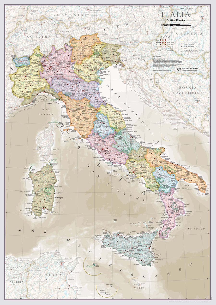 Carte murale - Italie administrative (en italien), style classique - 42 x 60 cm | Maps International carte murale petit tube Maps International 