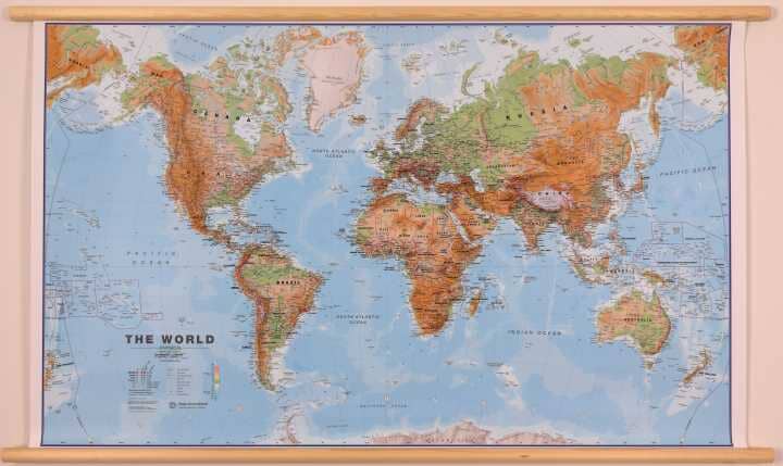 Carte murale plastifiée avec lattes de maintien en bois - Monde physique (en anglais) - 1/30M (136 x 84 cm) | Maps International carte murale hors dimensions Maps International 