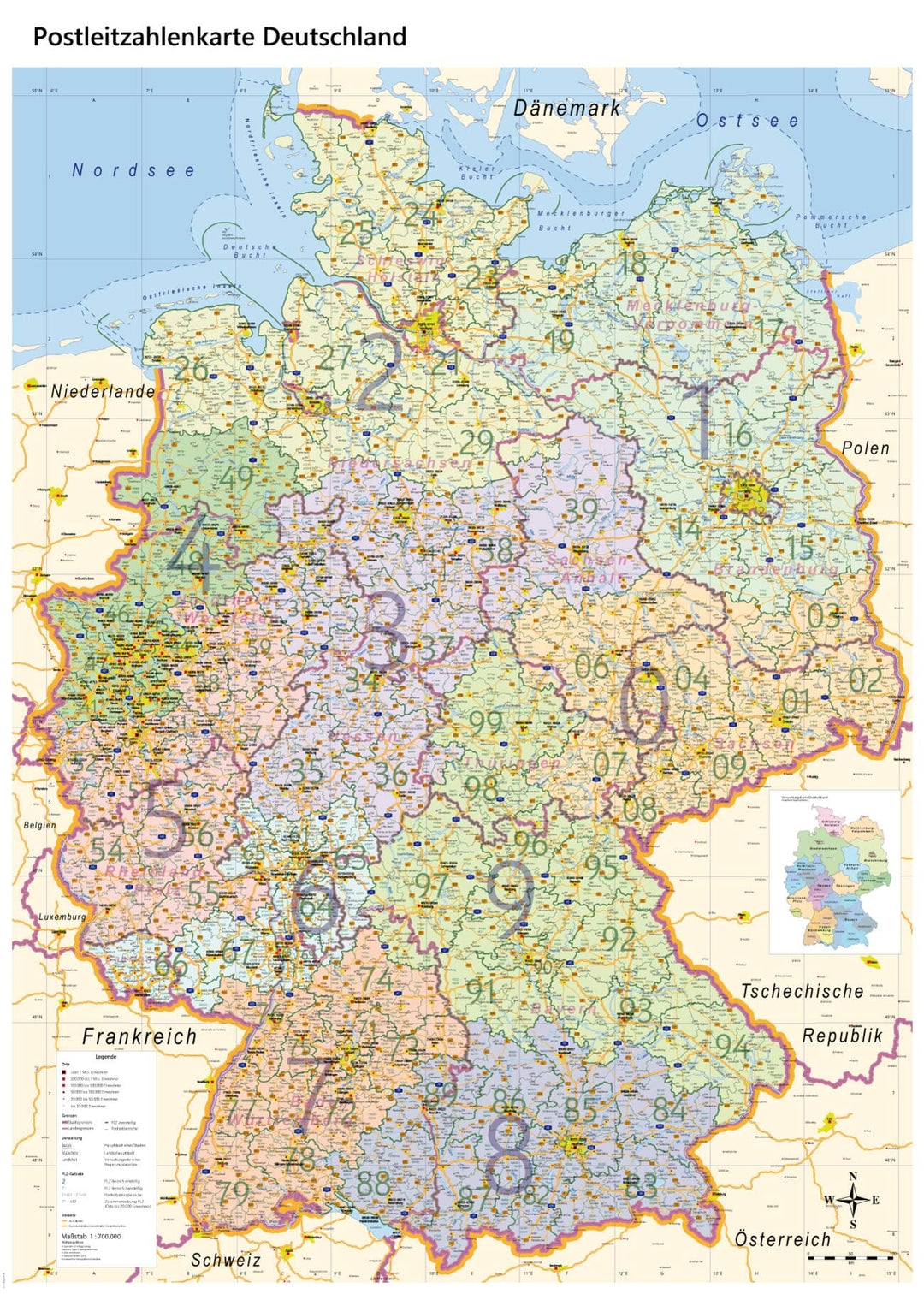 Carte murale plastifiée (en allemand) - Allemagne, avec codes postaux (100 x 140 cm) | GeoMetro carte murale petit tube taux réduit GeoMetro 