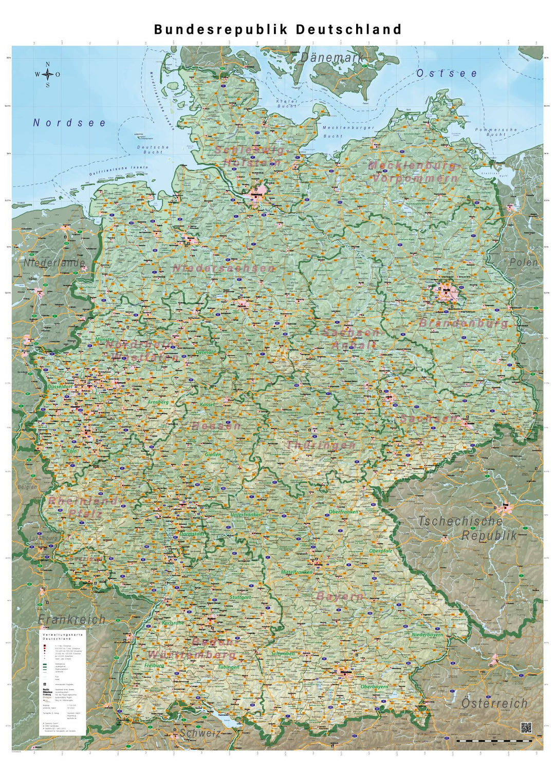 Carte murale plastifiée (en allemand) - Allemagne physique (100 x 140 cm), avec baguettes métalliques | GeoMetro carte murale petit tube taux réduit GeoMetro 