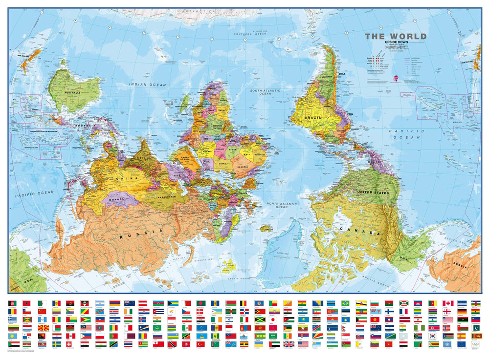 Carte murale plastifiée (en anglais) - Monde politique inversé, avec lattes métalliques de maintien - 1/30M (136 x 100 cm) | Maps International carte murale grand tube Maps International 