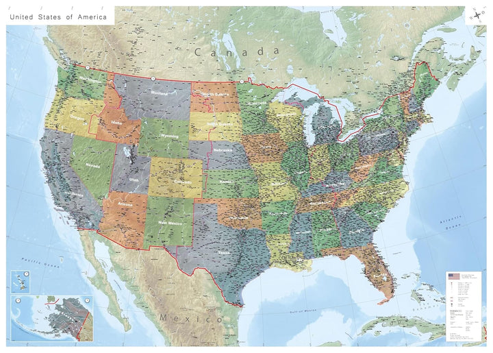 Carte murale plastifiée (en anglais) - USA politique (140 x 100 cm) | GeoMetro carte murale petit tube GeoMetro 