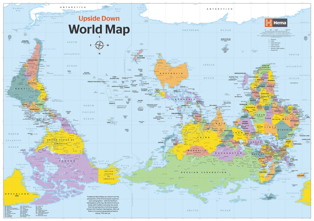 Carte murale pliée - Monde politique upside down (anglais) | Hema Maps carte pliée Hema Maps 