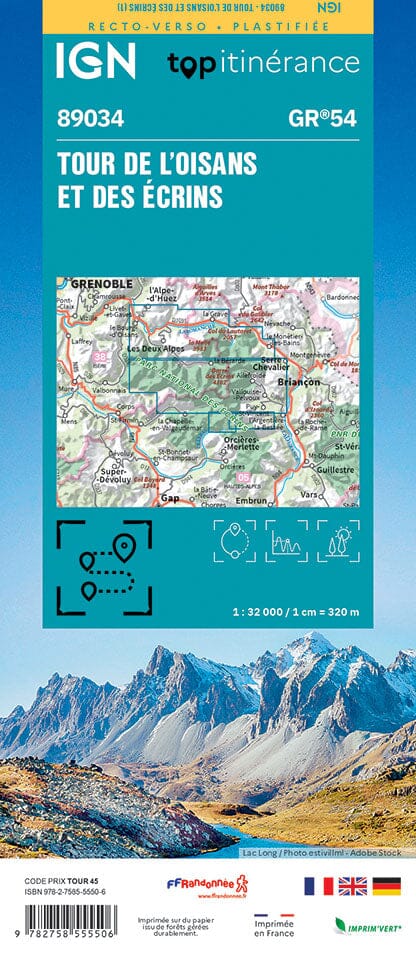 Carte plastifiée - Tour de l'Oisans et des Ecrins (GR54) | IGN carte pliée IGN 