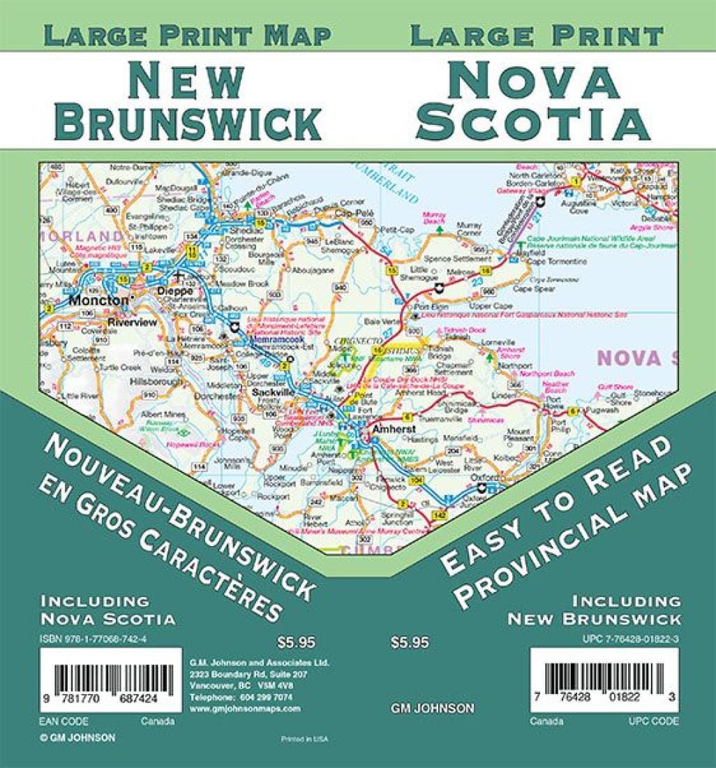 Carte provinciale - Nouveau-Brunswick, Nouvelle-Écosse (gros caractères) | GM Johnson carte pliée GM Johnson 