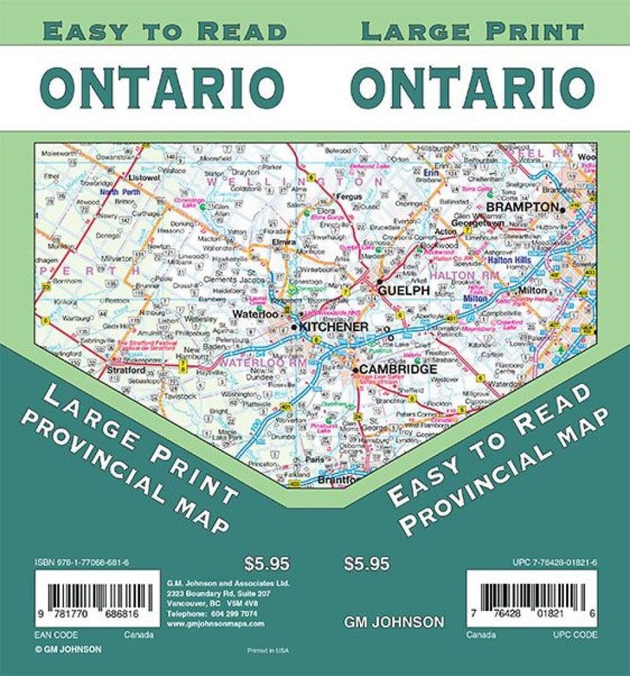 Carte provinciale - Ontario (gros caractères) | GM Johnson carte pliée GM Johnson 