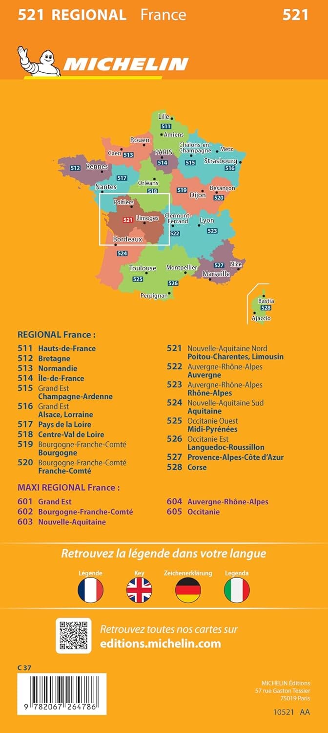 Carte régionale n° 521 - Nouvelle-Aquitaine Nord : Poitou-Charentes, Limousin 2025 | Michelin carte pliée Michelin 