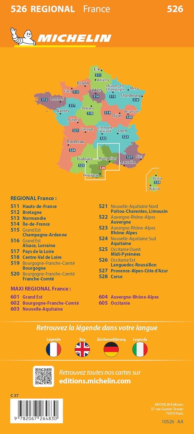 Carte régionale n° 526 - Occitanie Est : Languedoc-Roussillon 2025 | Michelin carte pliée Michelin 