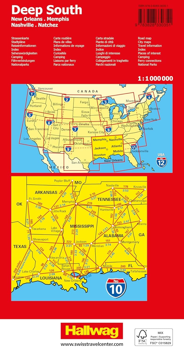 Carte routière n° 10 - Sud des USA (Vallée du Mississippi, Golfe du Mexique) | Hallwag carte de voyage Hallwag 