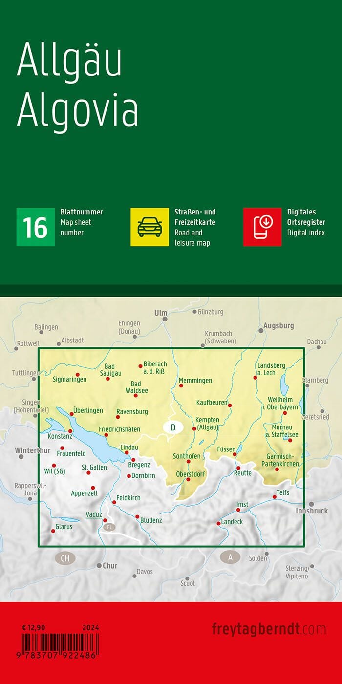 Carte routière n° 16 (Allemagne) - Allgäu (Bade-Wurtemberg) | Freytag & Berndt - 1/150 000 carte pliée Freytag & Berndt 