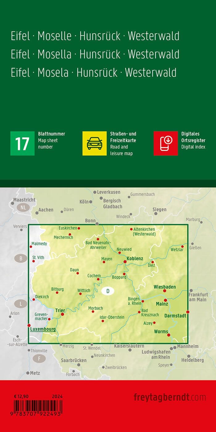 Carte routière n° 17 (Allemagne) - Eifel, Moselle, Hunsrück, Westerwald (Allemagne) | Freytag & Berndt - 1/150 000 carte pliée Freytag & Berndt 