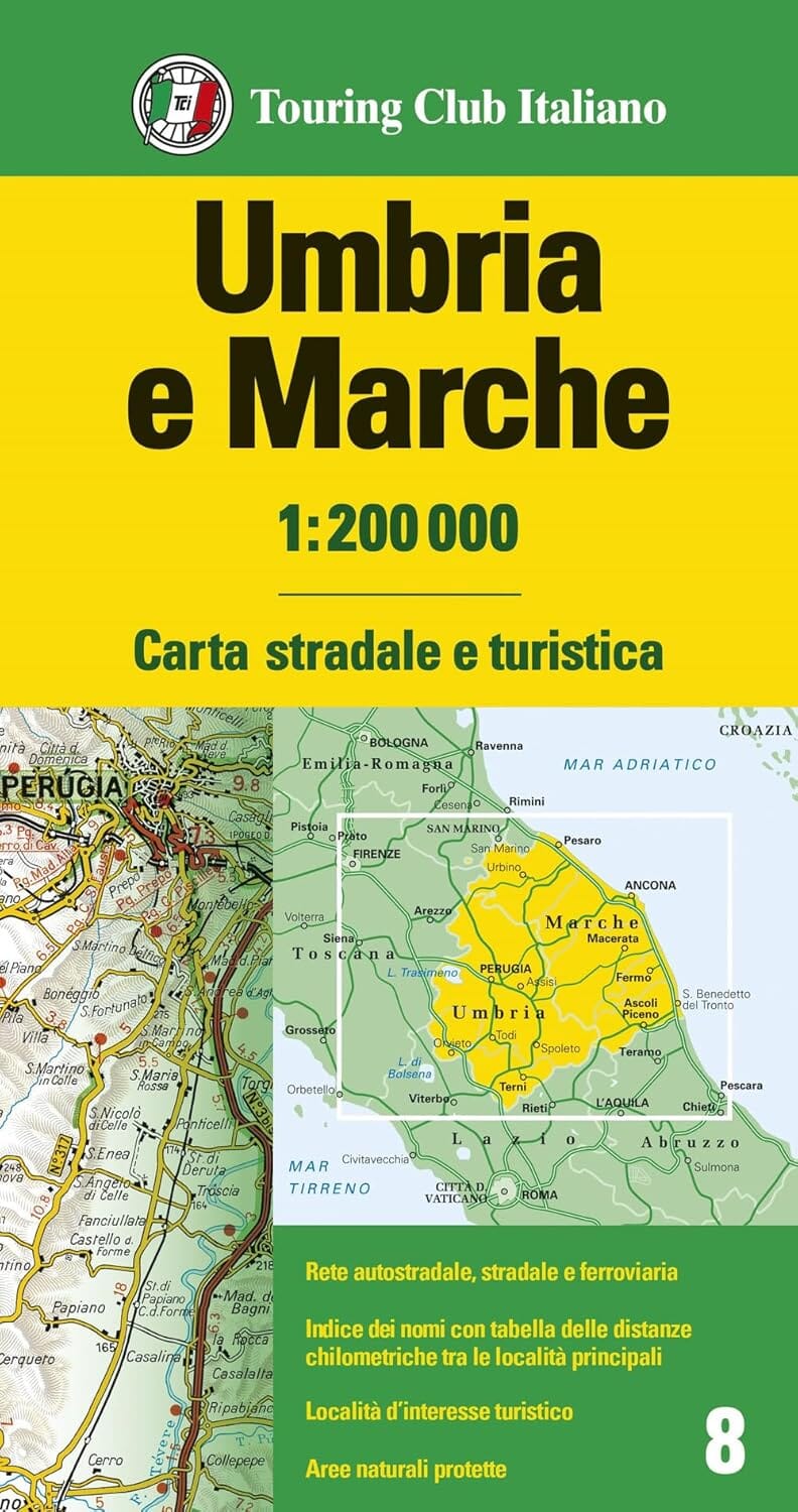 Carte routière n° 8 - Ombrie et Marches (région de Pérouse, Ancone) | Touring Club Italiano-1/200 000 carte de voyage Touring Club Italiano 