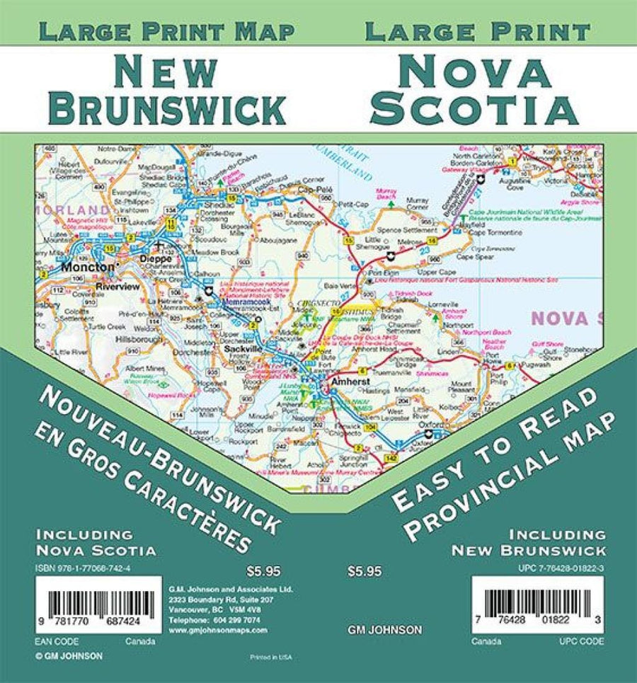 Carte routière - Nouveau-Brunswick & Nouvelle-Écosse, en gros caractères | GM Johnson carte pliée GM Johnson 