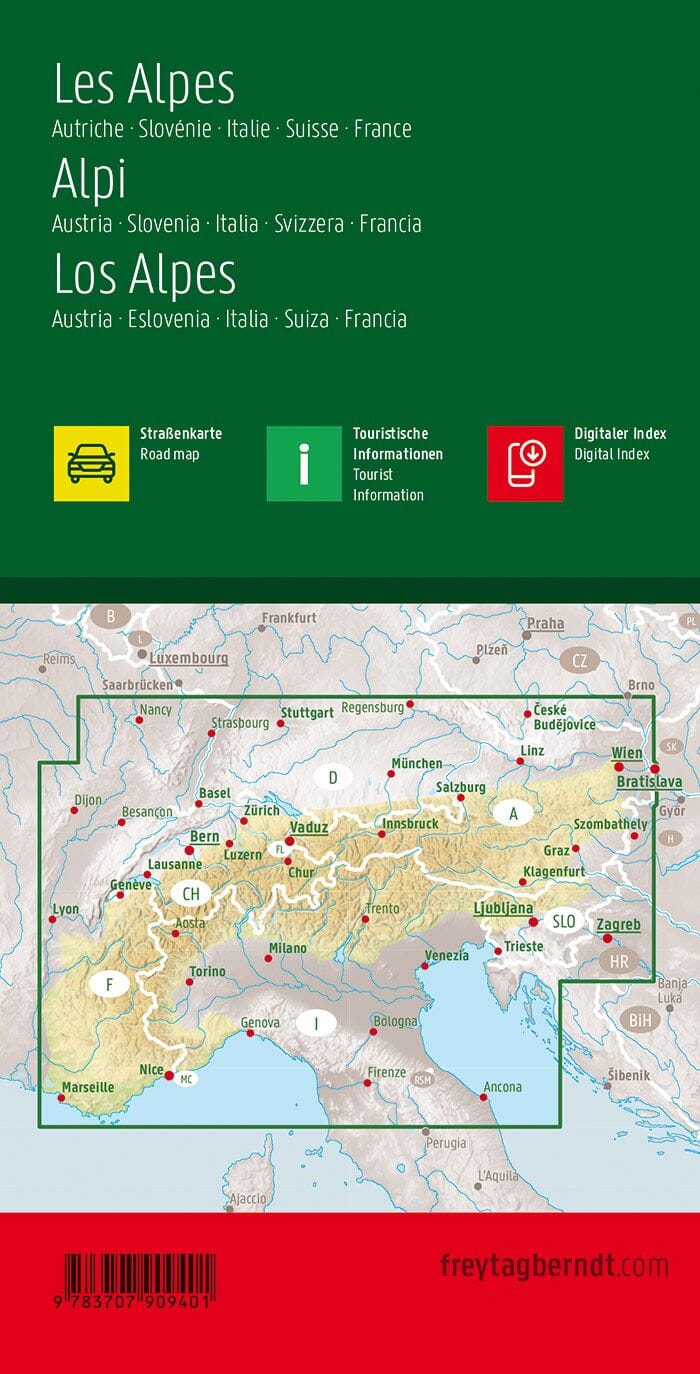 Carte routière - Pays alpins (Autriche, Slovénie, Italie, Suisse, France) | Freytag & Berndt carte pliée Freytag & Berndt 