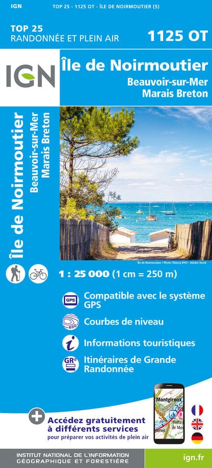 Carte TOP 25 n° 1125 OT - Ile de Noirmoutier, Beauvoir-sur-Mer, Marais Breton | IGN carte pliée IGN 