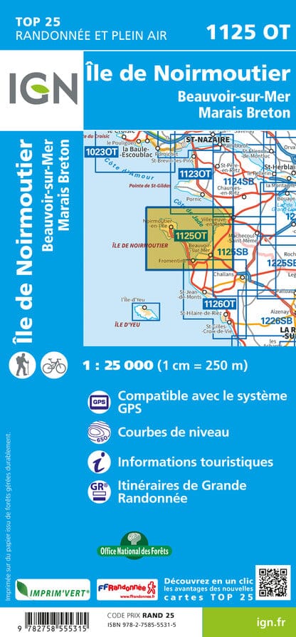 Carte TOP 25 n° 1125 OT - Ile de Noirmoutier, Beauvoir-sur-Mer, Marais Breton | IGN carte pliée IGN 