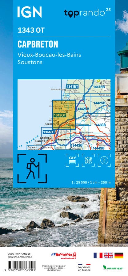Carte TOP 25 n° 1343 OT - Capbreton, Vieux Boucau, Soustons (Landes) | IGN carte pliée IGN 