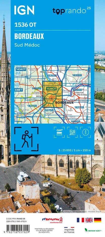 Carte TOP 25 n° 1536 OT - Bordeaux, Sud Médoc | IGN carte pliée IGN 