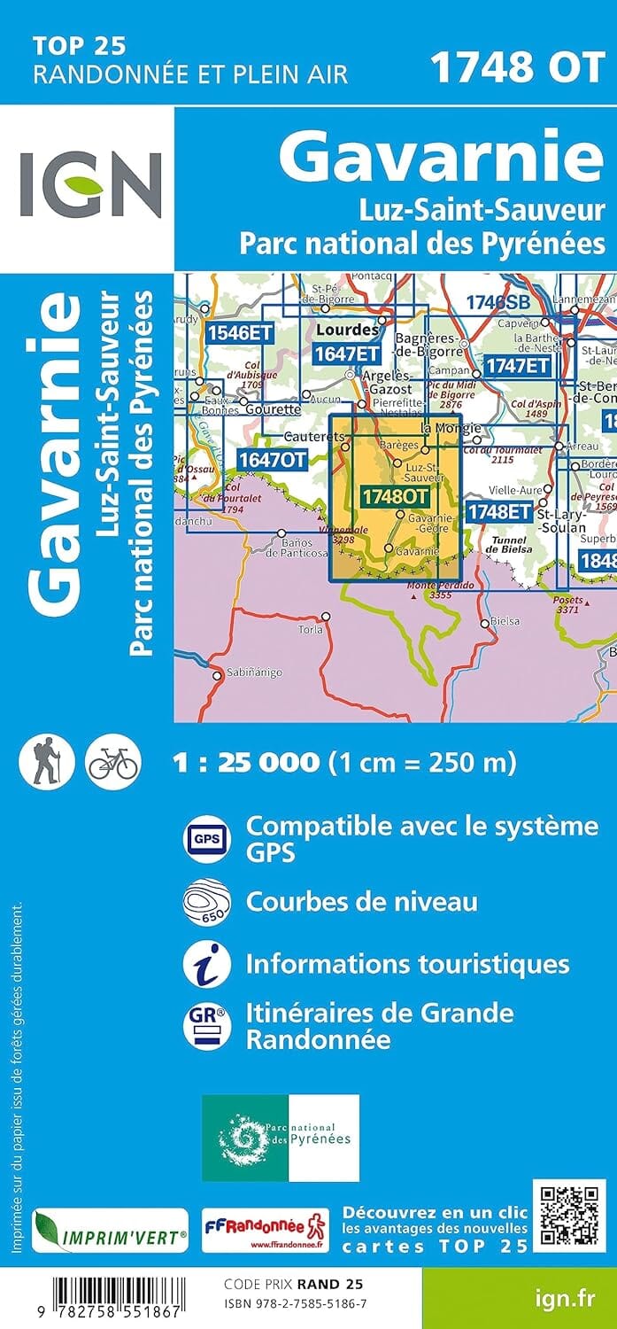 Carte TOP 25 n° 1748 OT - Gavarnie & Luz St Sauveur (Pyrénées) IGN carte pliée IGN 