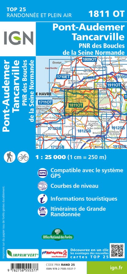 Carte TOP 25 n° 1811 OT - Pont-Audemer, Tancarville & PNR des Boucles de la Seine Normande | IGN carte pliée IGN 
