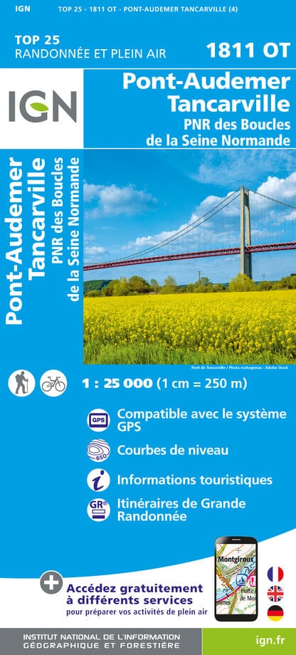 Carte TOP 25 n° 1811 OT - Pont-Audemer, Tancarville & PNR des Boucles de la Seine Normande | IGN carte pliée IGN 