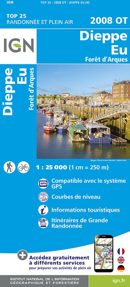 Carte TOP 25 n° 2008 OT - Dieppe, Eu, Forêt d'Arques | IGN carte pliée IGN 