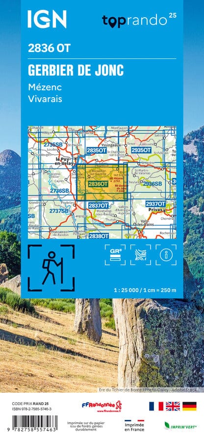 Carte TOP 25 n° 2836 OT - Gerbier de Jonc, Mézenc, Vivarais | IGN carte pliée IGN 