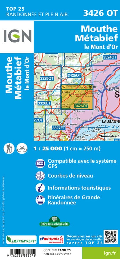 Carte TOP 25 n° 3426 OT - Mouthe, Métabief, Le Mont d'Or | IGN carte pliée IGN 