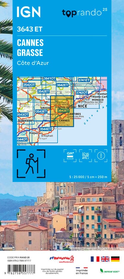 Carte TOP 25 n° 3643 ET - Cannes, Grasse & Côte d'Azur | IGN carte pliée IGN 