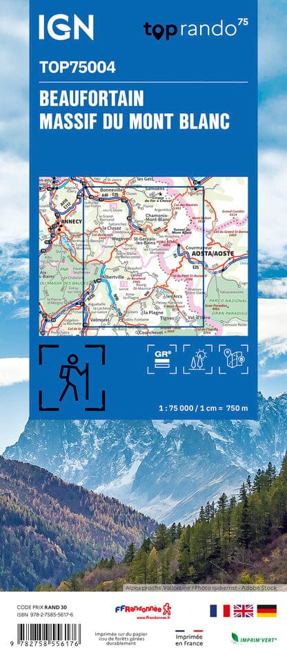 Carte TOP 75 n° 4 - Beaufortain et Massif du Mont Blanc | IGN carte pliée IGN 