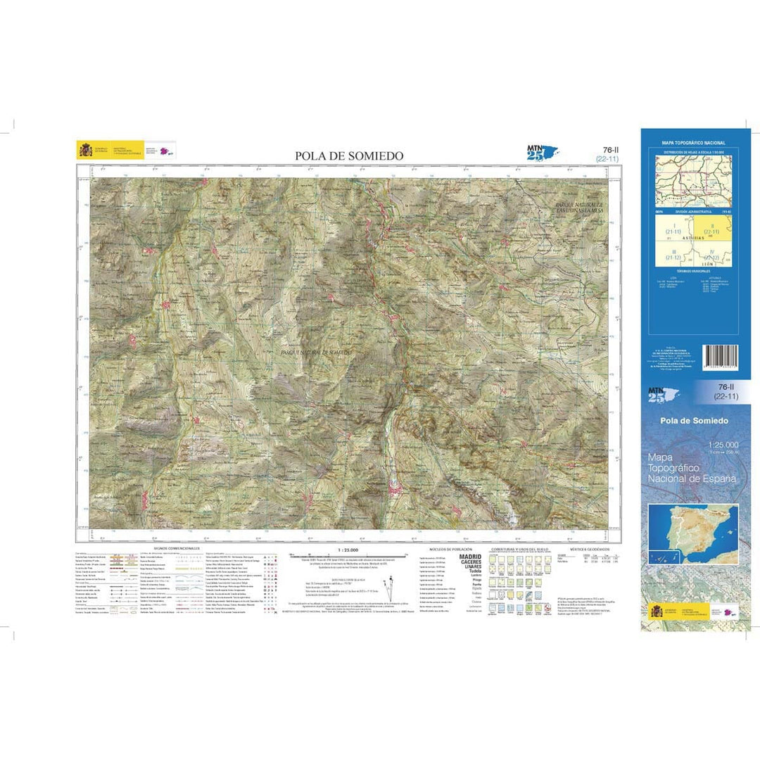 Carte topographique de l'Espagne n° 0076.2 - Pola de Somiedo | CNIG - 1/25 000 carte pliée CNIG 