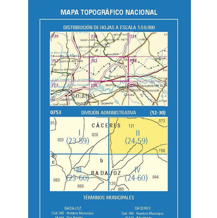 Carte topographique de l'Espagne n° 0753.2 - Miajadas | CNIG - 1/25 000 carte pliée CNIG 