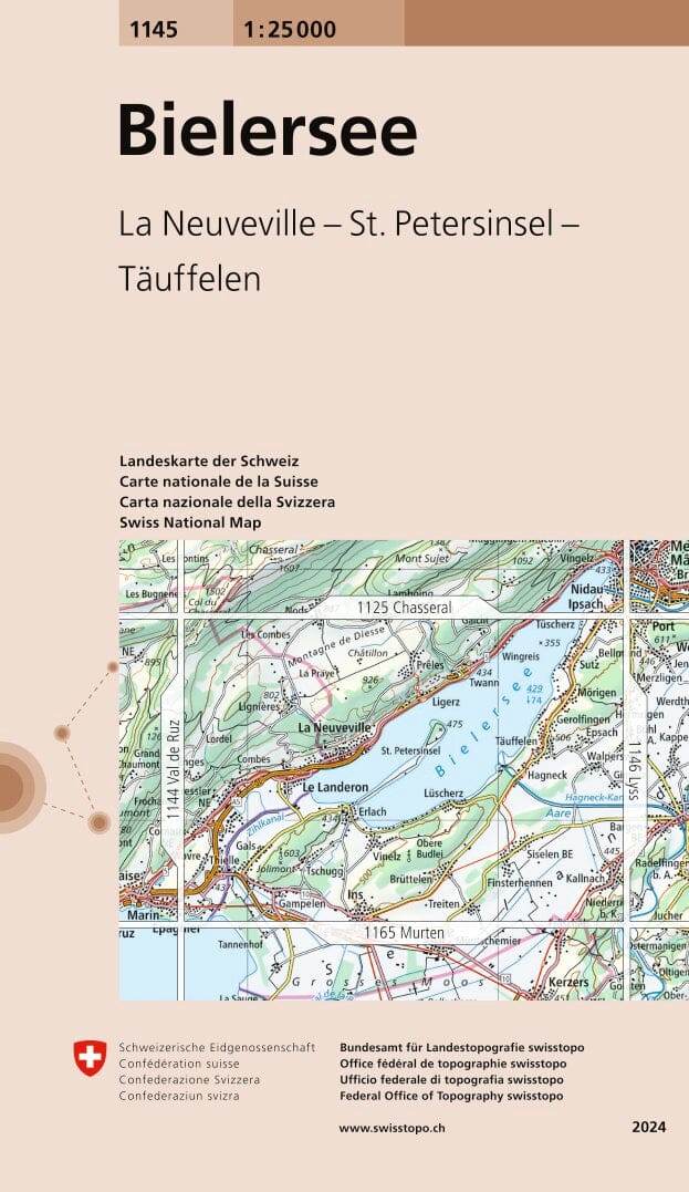 Carte topographique n° 1145 - Bieler See (Suisse) | Swisstopo - 1/25 000 carte pliée Swisstopo 