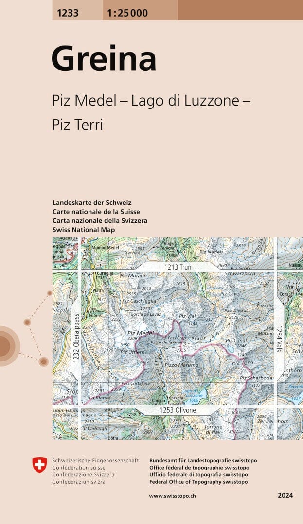 Carte topographique n° 1233 - Greina (Suisse) | Swisstopo - 1/25 000 carte pliée Swisstopo 