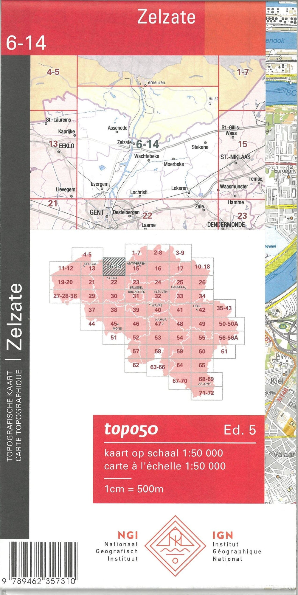 Carte topographique n° 14-06 - Zelzate (Belgique) | NGI - 1/50 000 carte pliée IGN Belgique 