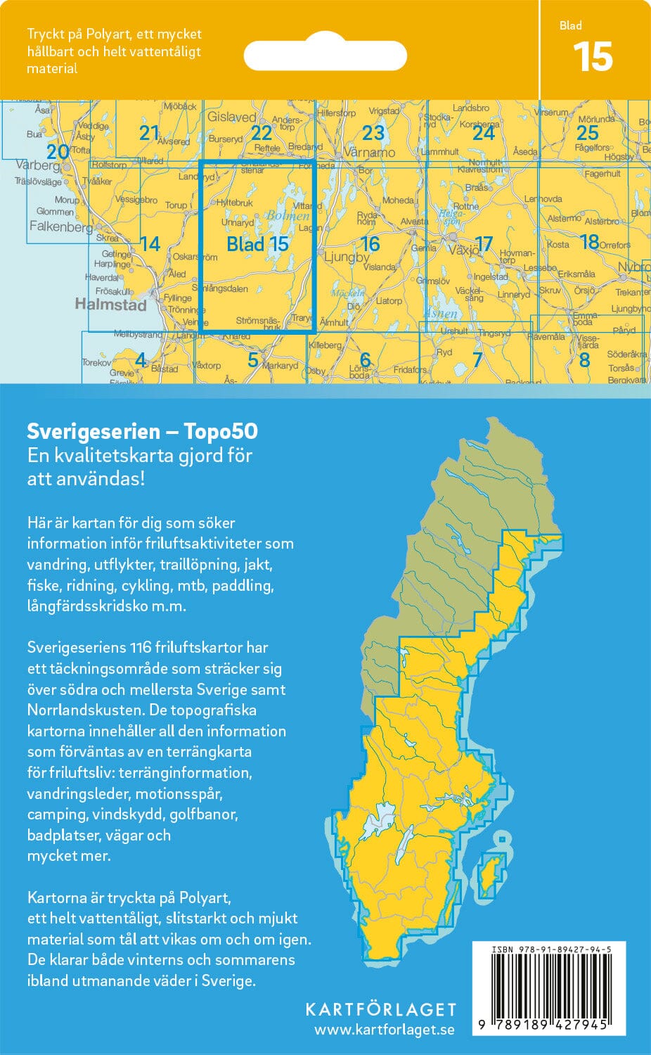 Carte topographique n° 15 - Bolmen (Suède) | Norstedts - Sverigeserien carte pliée Norstedts 