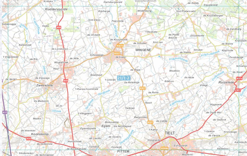 Carte topographique n° 21/1-2 - Tielt (Belgique) | NGI topo 25 carte pliée IGN Belgique 