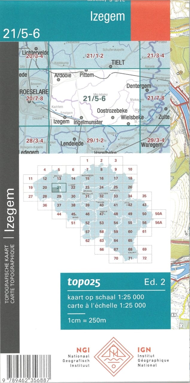 Carte topographique n° 21/5-6 - Izegem (Belgique) | NGI topo 25 carte pliée IGN Belgique 