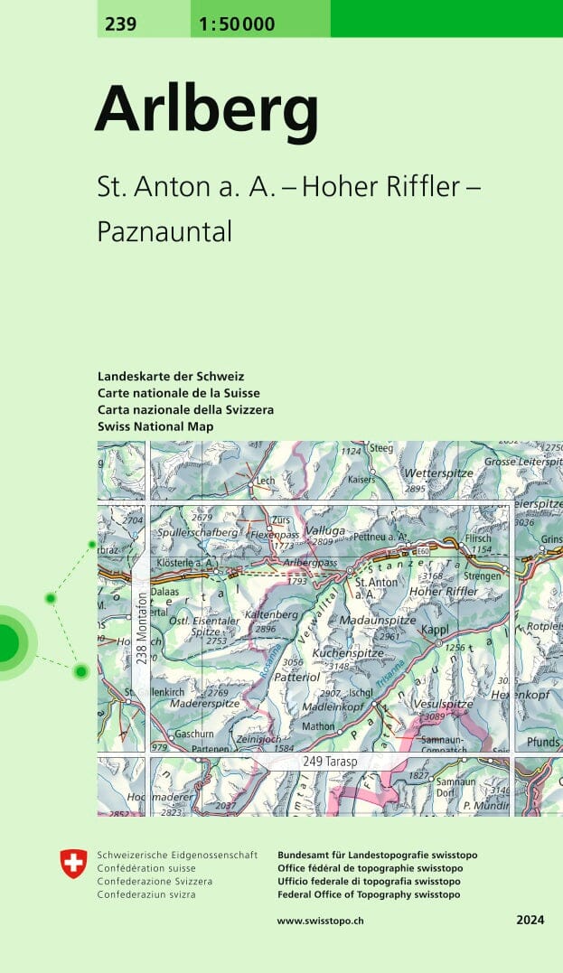 Carte topographique n° 239 - Arlberg (Suisse) | Swisstopo - 1/50 000 carte pliée Swisstopo 