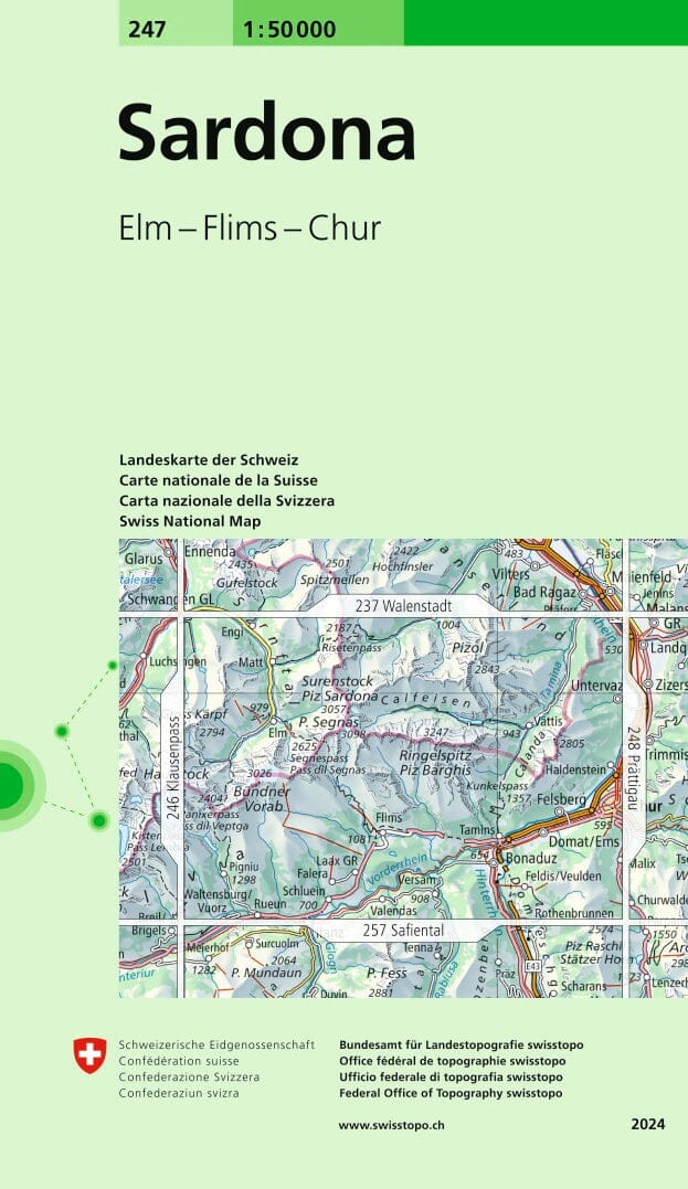 Carte topographique n° 247 - Sardona (Suisse) | Swisstopo - 1/50 000 carte pliée Swisstopo 