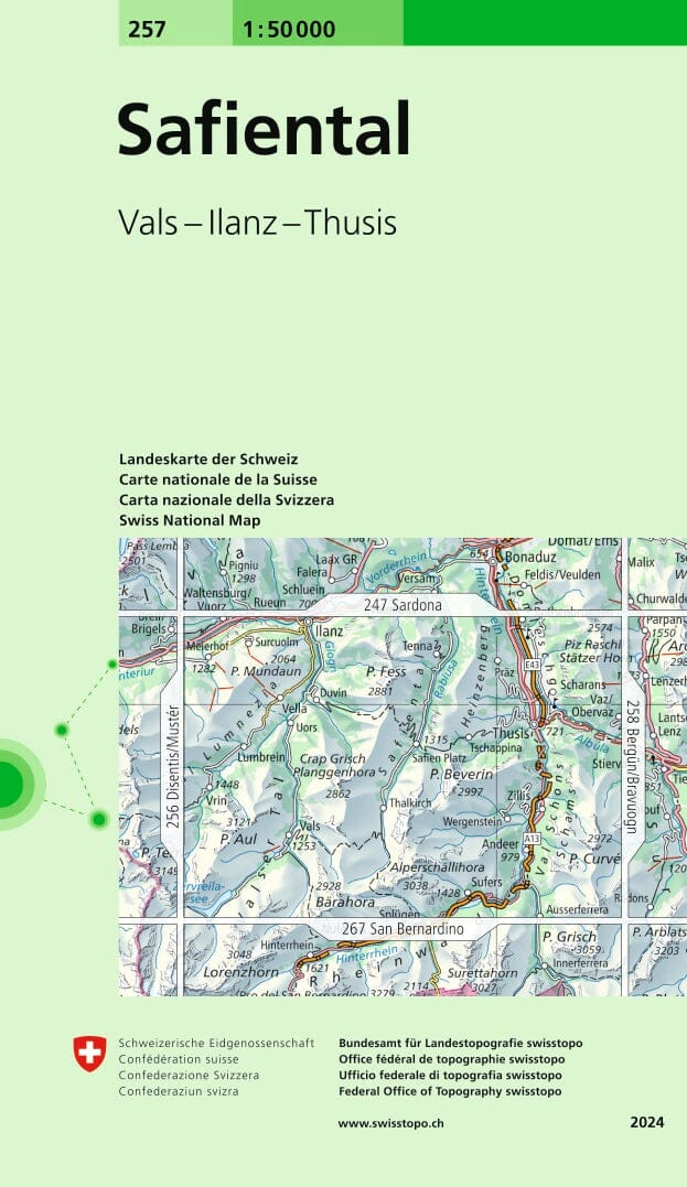 Carte topographique n° 257 - Safiental (Suisse) | Swisstopo - 1/50 000 carte pliée Swisstopo 